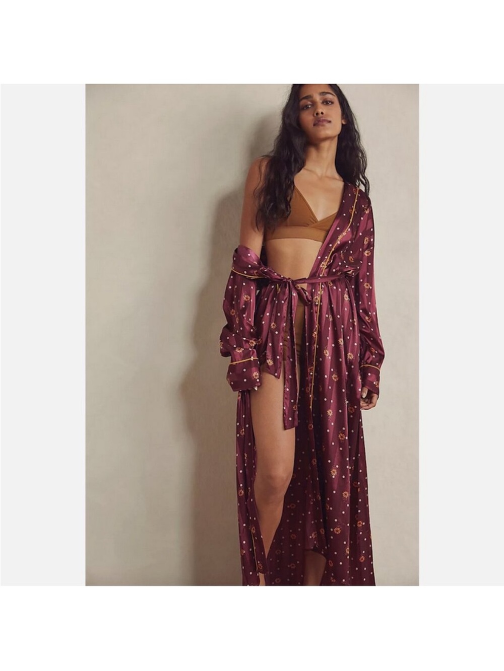 Free People Burgundy Floral and White Polka Dot Satin Robe